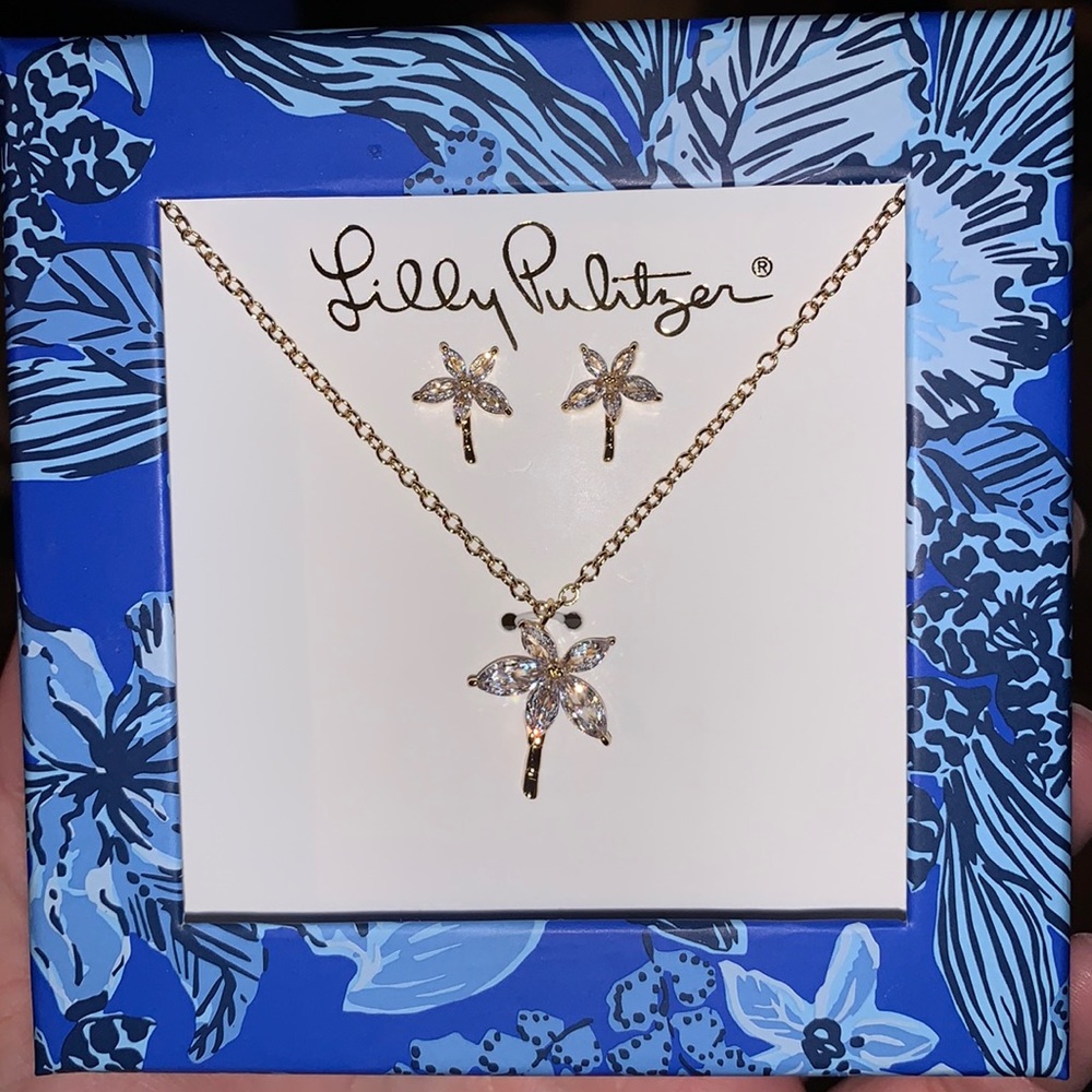 Lilly Pulitzer Gold Palm Tree earrings with matching necklace